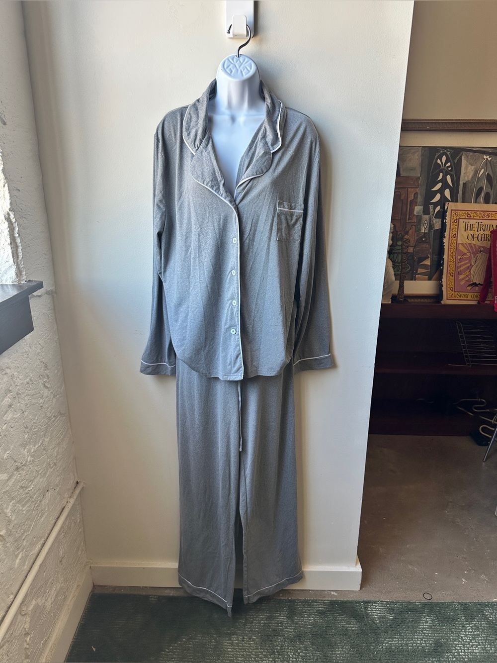 Plus size Grey Piped Pajama Set 2 Piece Button Up Wide Leg Lounge Pants Soft